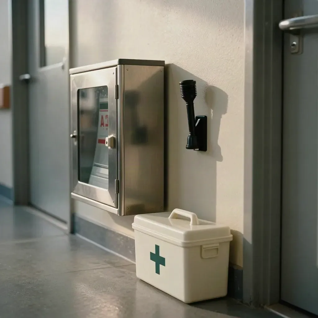 Noodhoek in een woonzorglocatie met AED-kast, branddeken, zaklamp en EHBO-doos bij de uitgang.