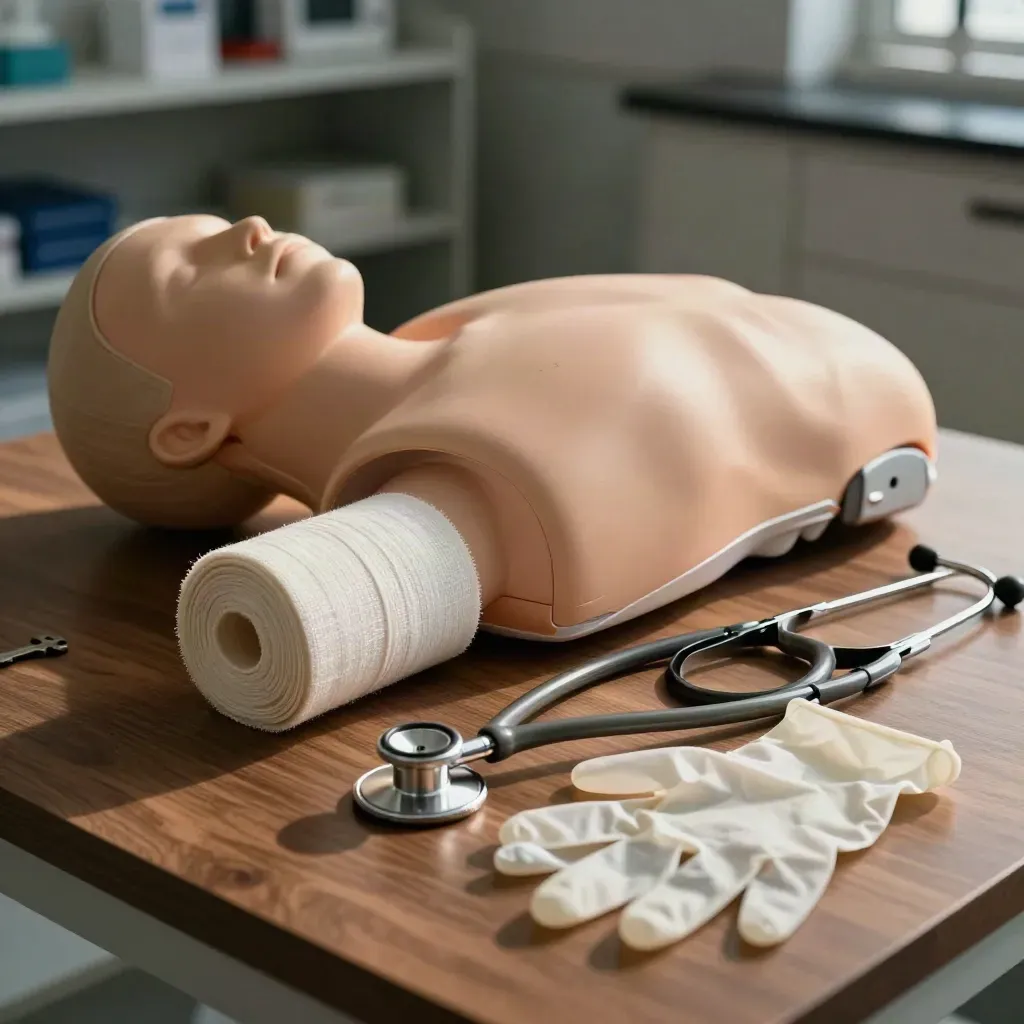 CPR-oefentorso met verbandrol, stethoscoop en steriele handschoenen in een zorgtrainingsruimte.