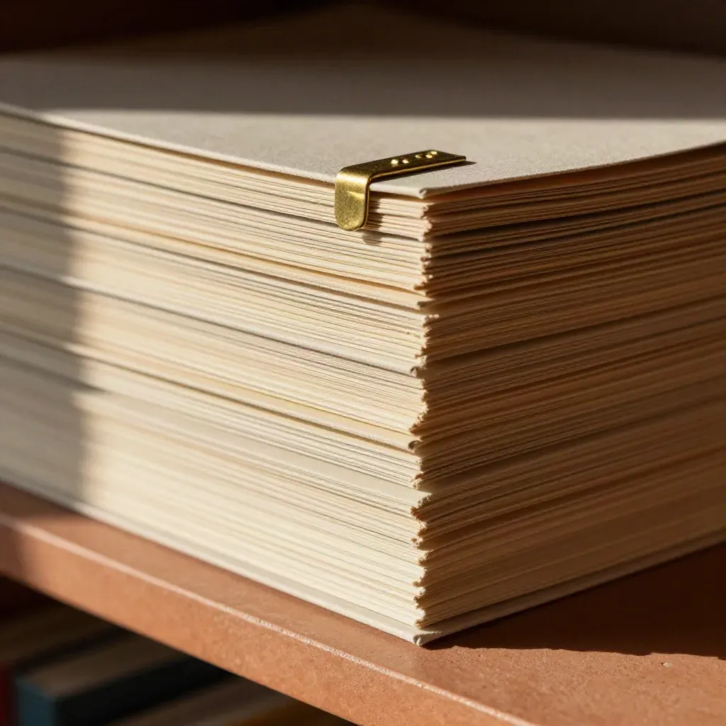 Strakke macro van auditbinders met archieftabs en een messing klem op een terracotta archiefplank.
