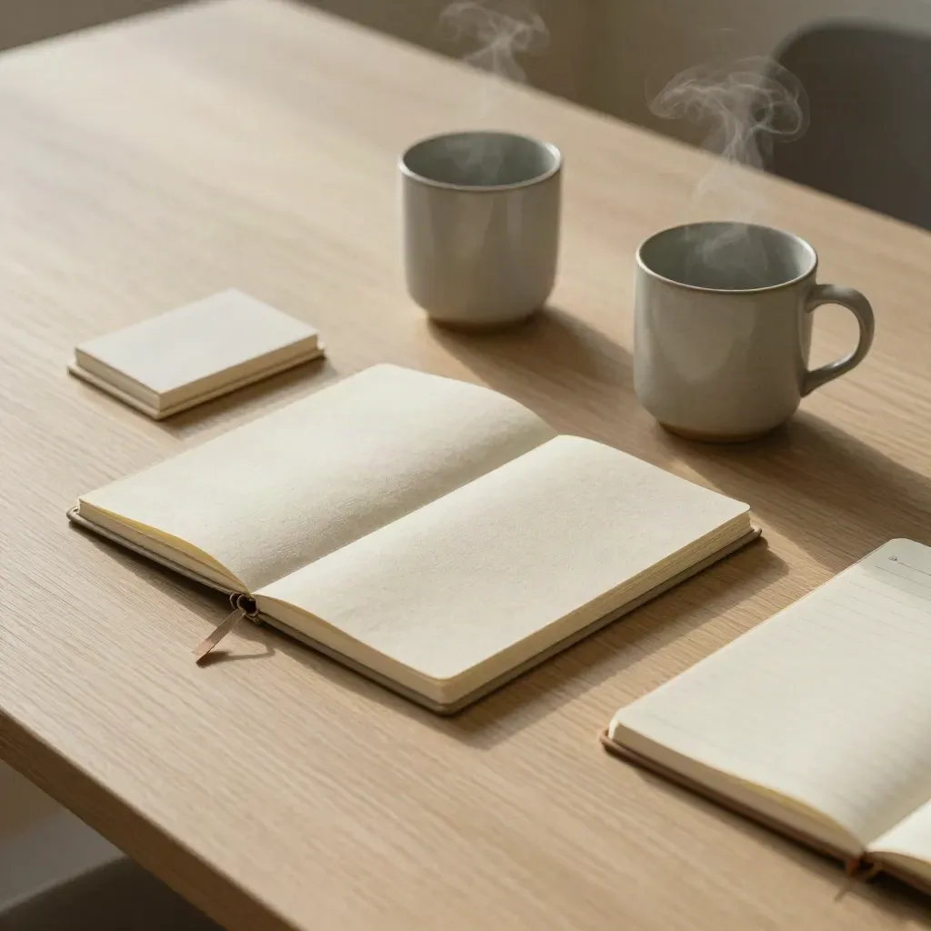 Notitieboek, twee kopjes, kaartstandaard en planner op licht eiken met zacht daglicht.