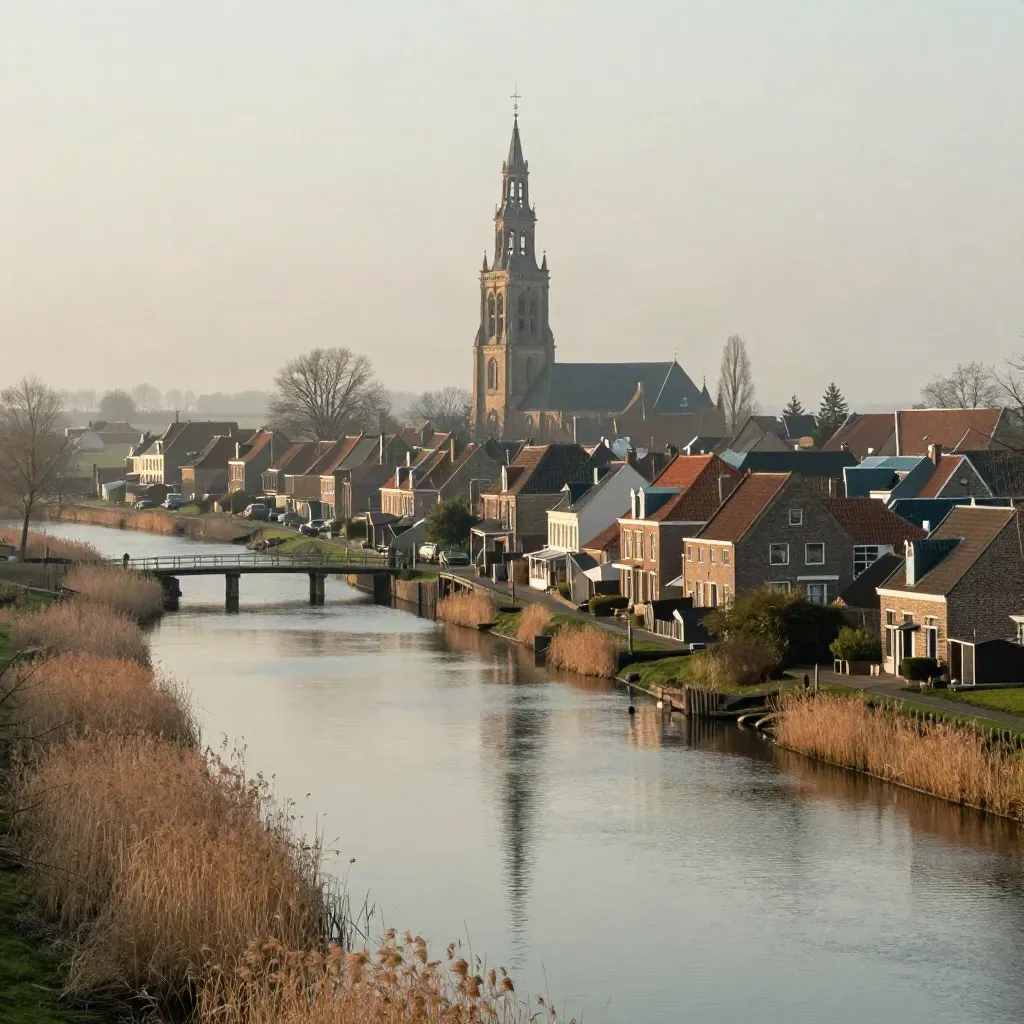 Delftse kerkspits boven stille grachten en polders in warme nevel